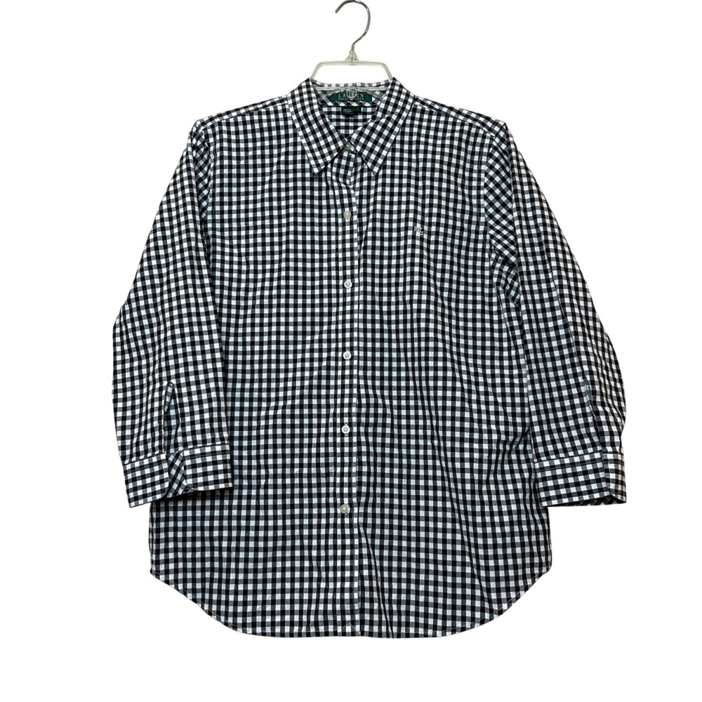 Lauren Ralph Lauren Button Down Womens Large Black White Gingham Shirt Preppy